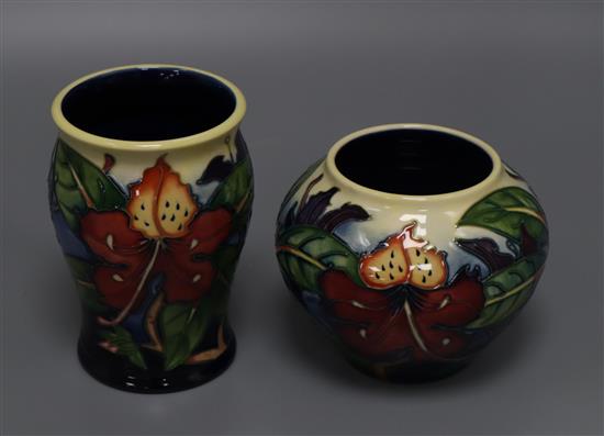 A Moorcroft hibiscus squat vase and another tallest 14cm